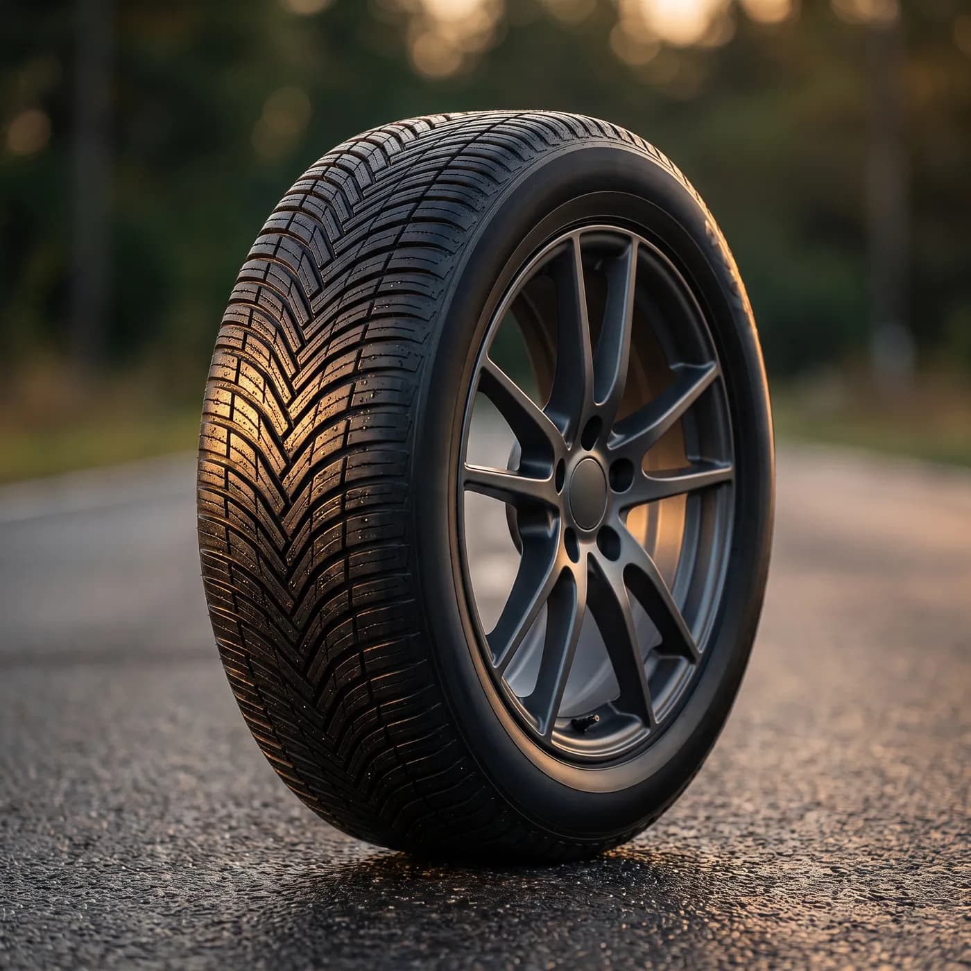 Close-up of a car tire on an alloy wheel at golden hour